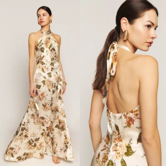 NWT Reformation Veria Maxi Silk Dress Sz 0 Bella Floral Wrap Halter Tie Neck - Picture 1 of 12